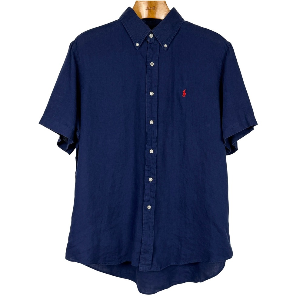 Polo Ralph Lauren Linen Shirt Men's XL Navy Blue Custom Fit Short Sleeve Pony